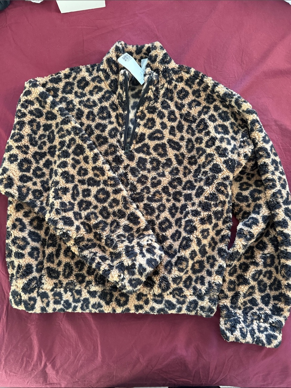 H&M Leopard Print Sherpa Quarter-Zip Pullover - Black & Tan